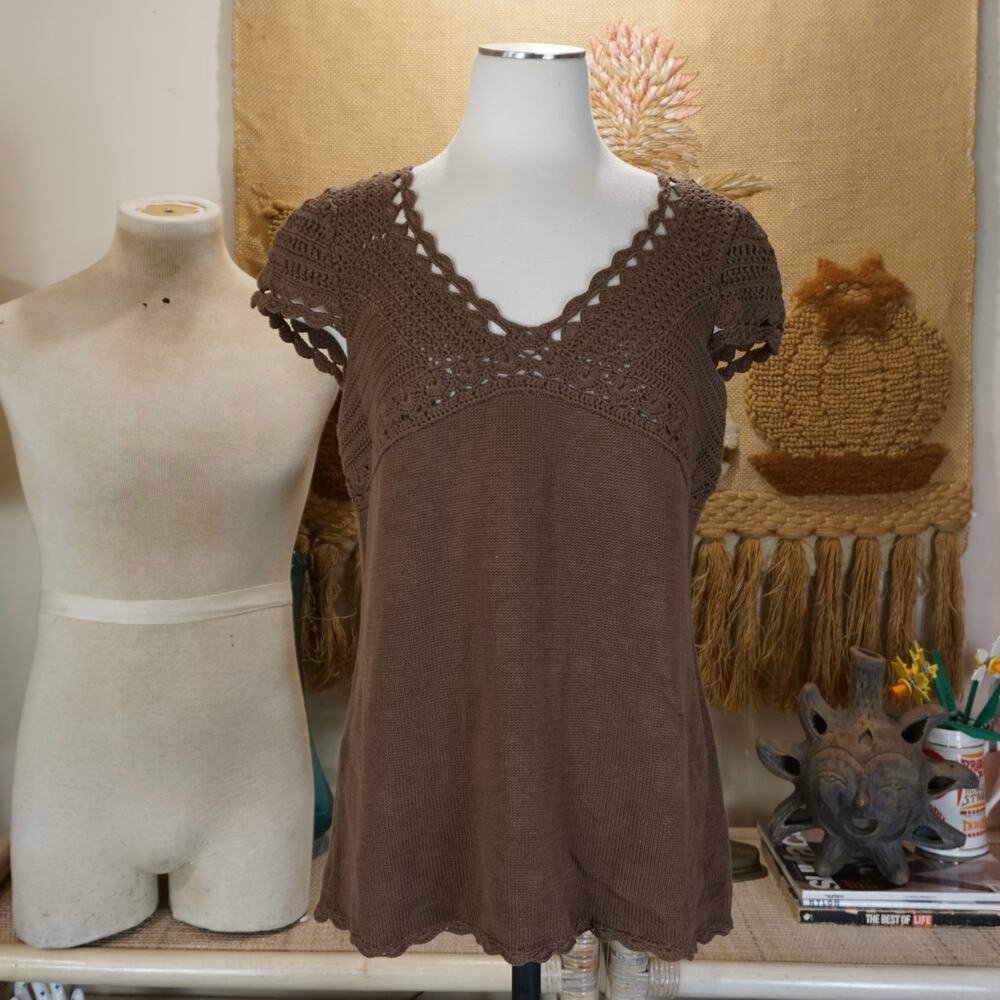 Y2k brown crochet knit v neck sweater short sleeve top
